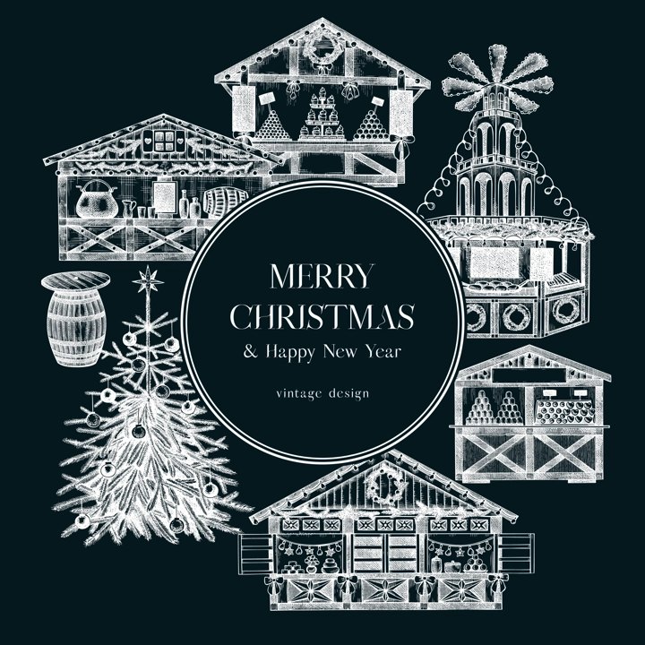 Vintage Christmas card or invitation template. European architecture on chalkboard. Christmas market with souvenir stalls, Christmas tree, fast food, candy shops sketches. Winter holidays background.